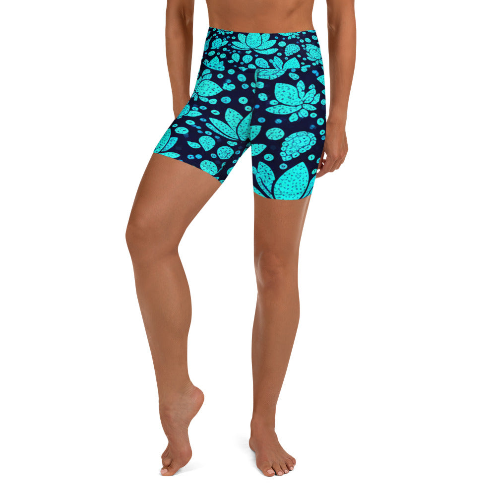 Teal Paillette Lotus Yoga Shorts | GearBunch