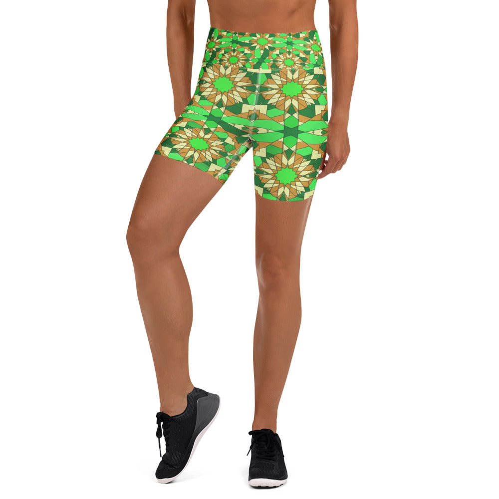Women's zellige jade copper yoga shorts front view