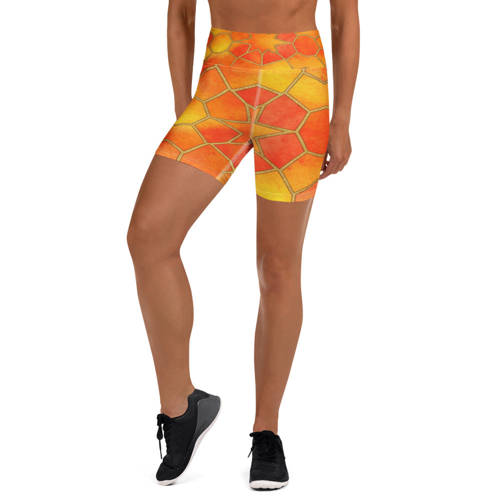 Women's sunset blaze printed yoga shorts front view
