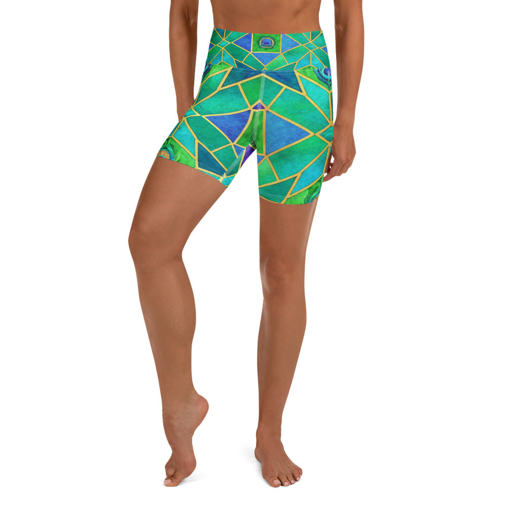 Arabic Watercolour Peacock Plume Yoga Shorts | GearBunch
