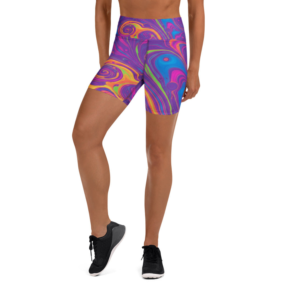 Women's liquid marble neon printed yoga shorts front view