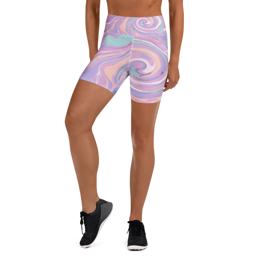 Women's liquid marble cotton candy yoga shorts front view