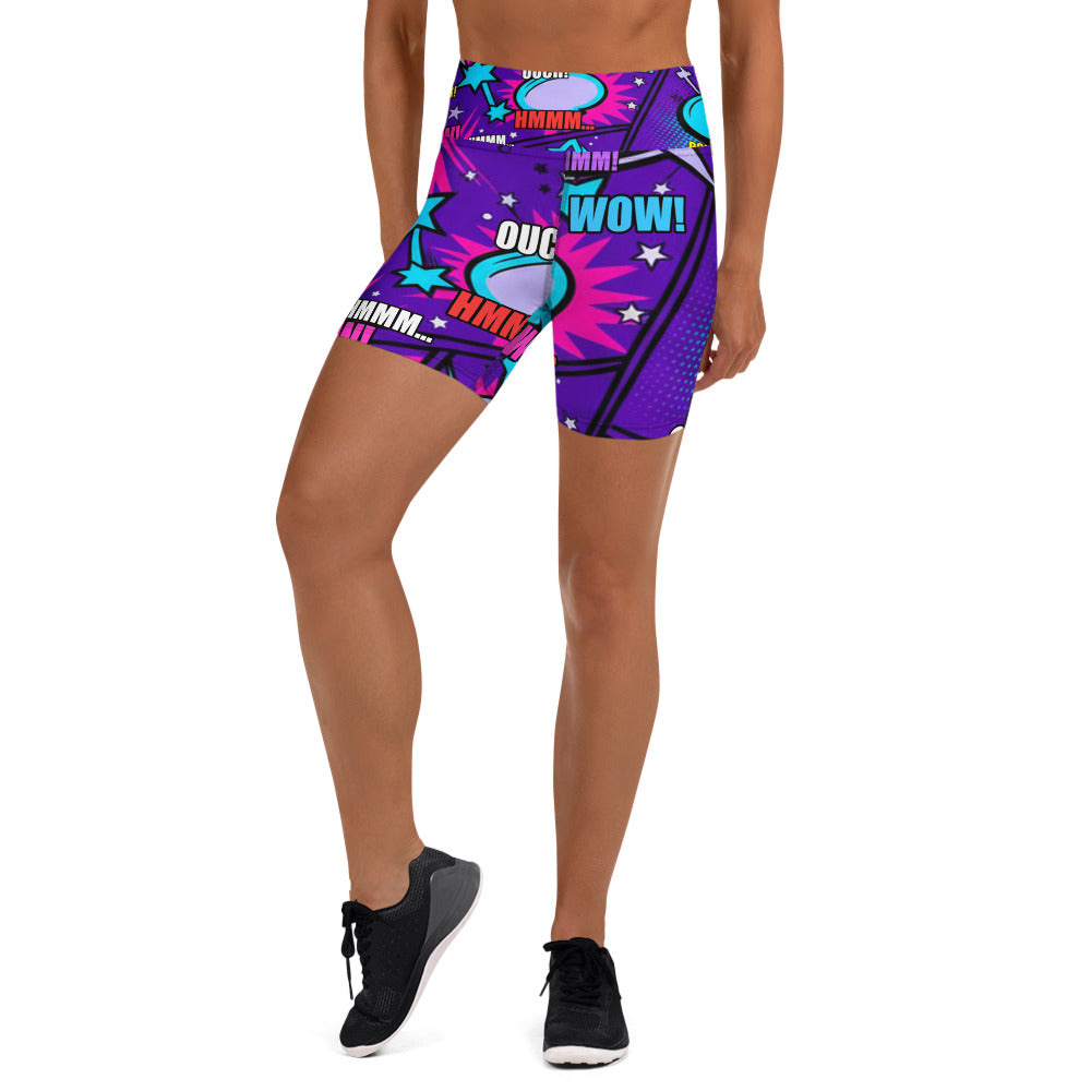 Women's comic pop galaxy purple yoga shorts front view