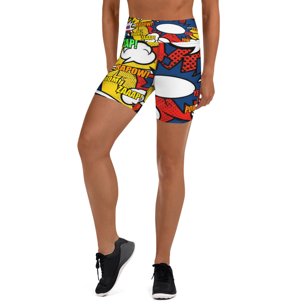 Women's comic strip thunder punch yoga shorts front view