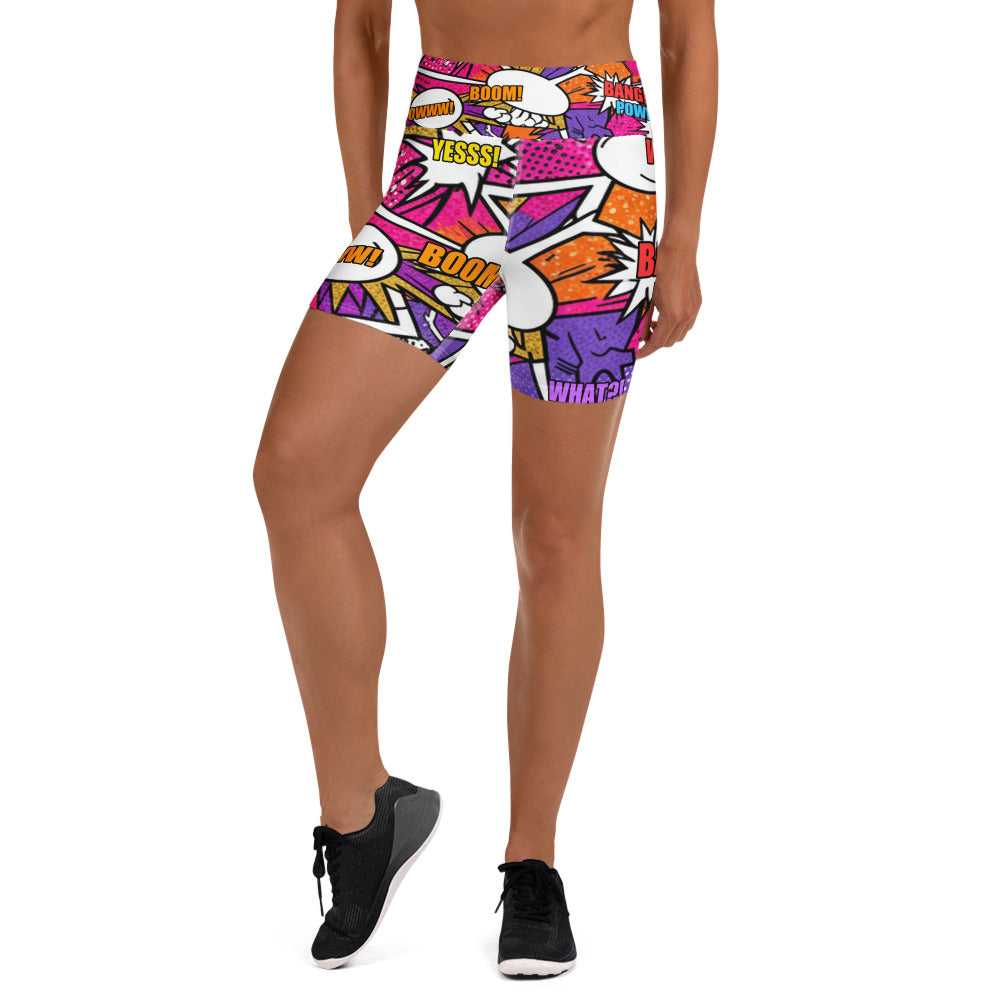 Women's comic strip disco funk yoga shorts front view