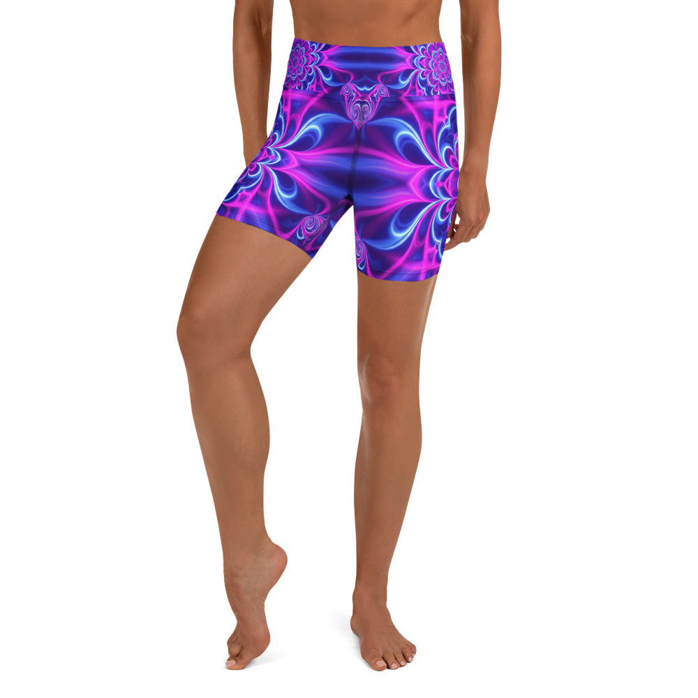 Psychedelic Ultraviolet Bloom Yoga Shorts | GearBunch