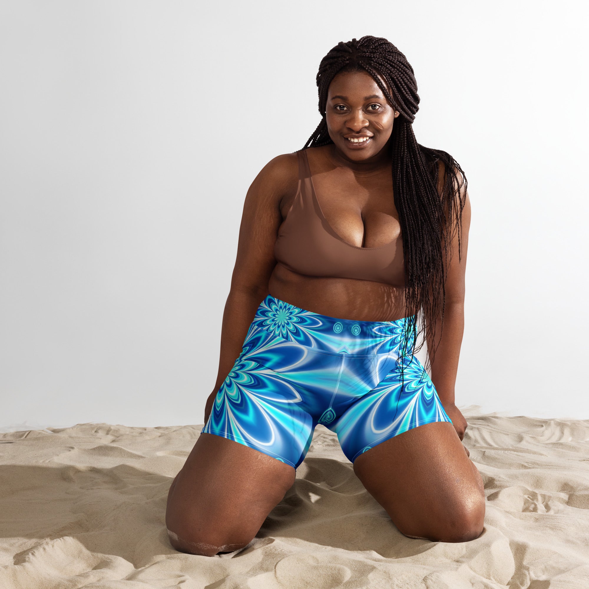 Psychedelic Electric Ocean Yoga Shorts | GearBunch