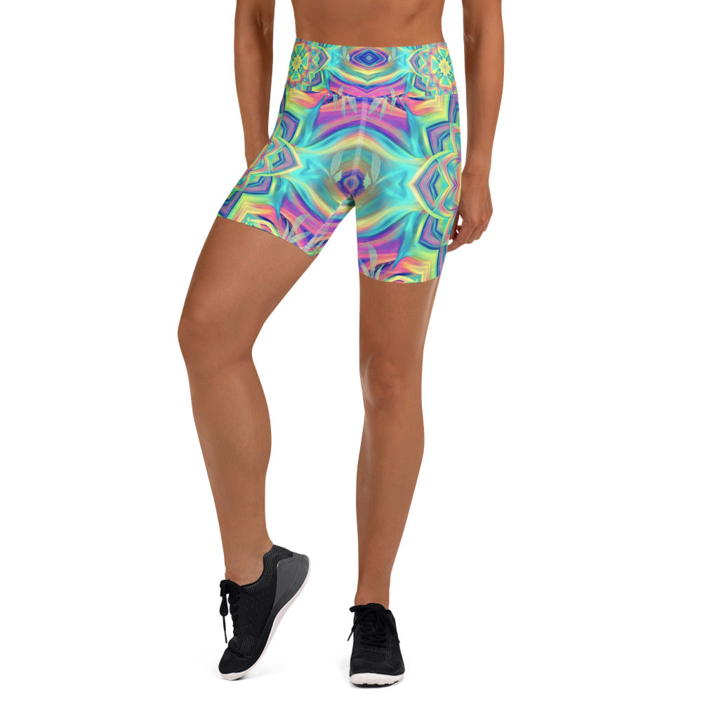 Women's psychedelic tropical pattern yoga shorts front view