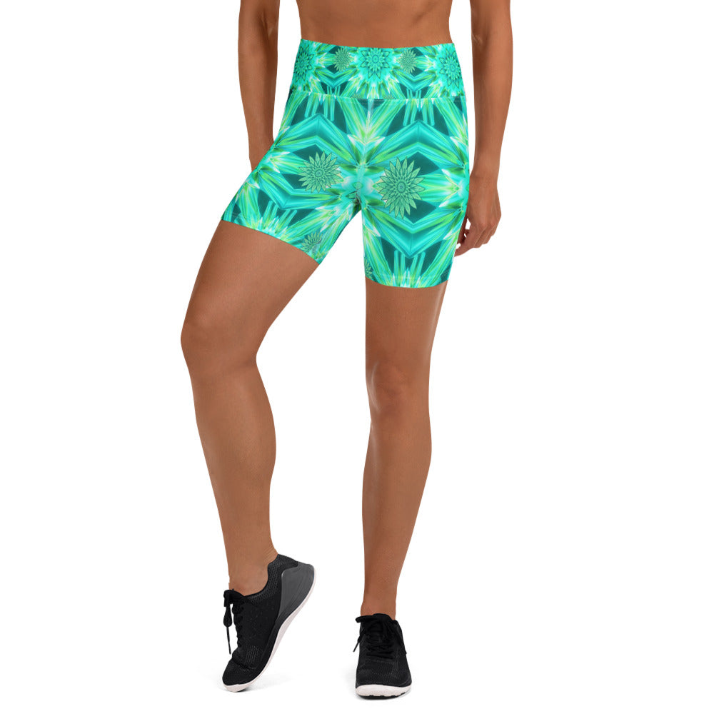 Women's psychedelic mint warp yoga shorts front view