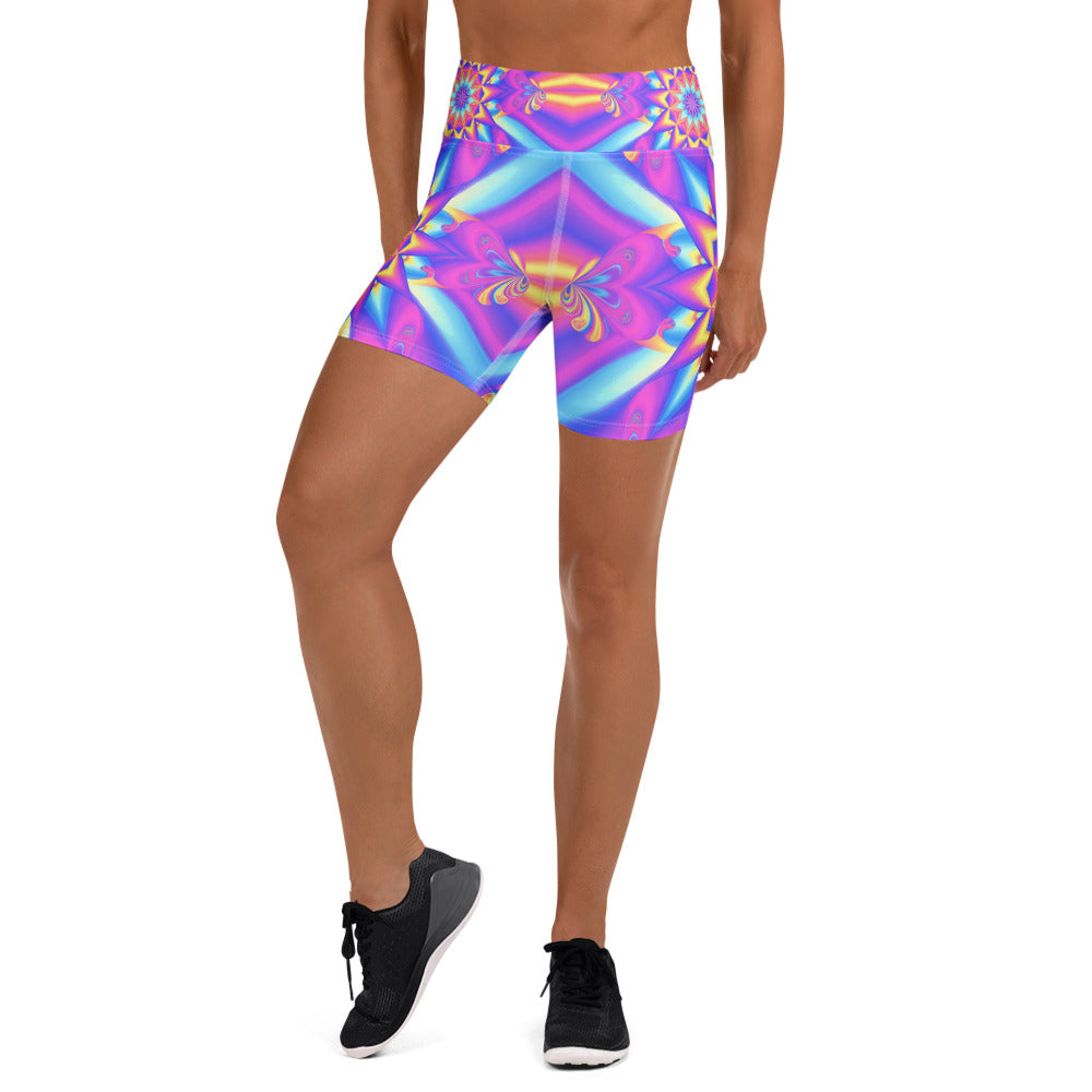 Women's psychedelic candy rave printed yoga shorts front view
