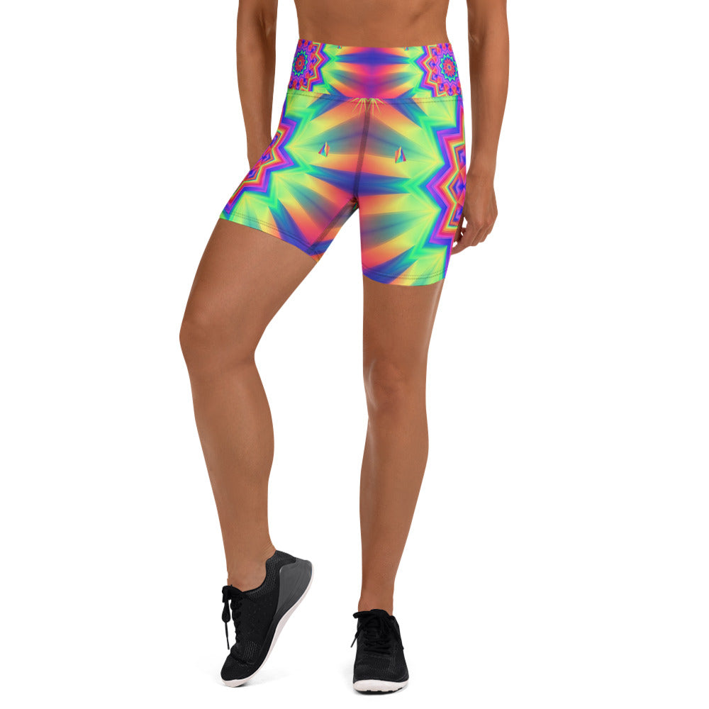 Women's psychedelic starburst prism printed yoga shorts front view