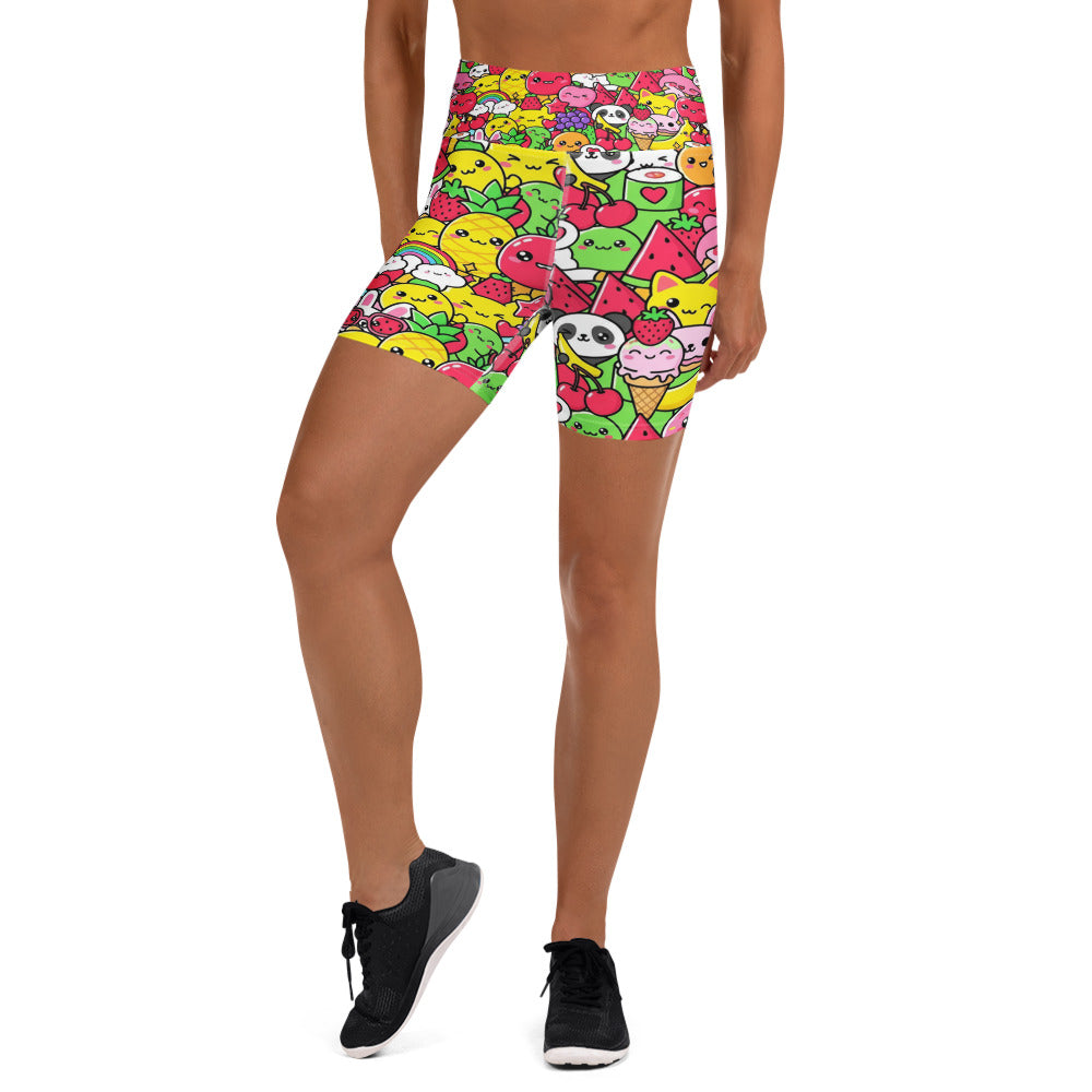 Women's kawaii fruit salad yoga shorts front view