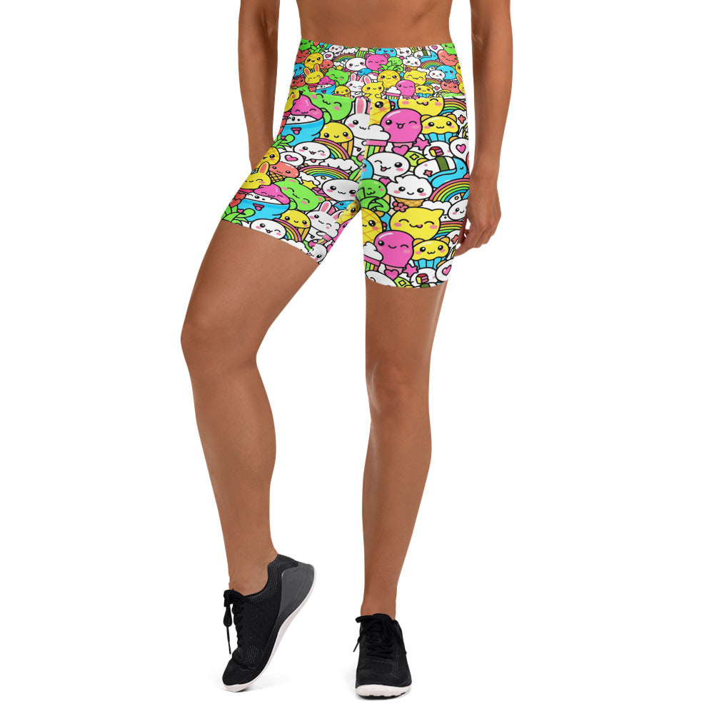 Women's kawaii tropical pineapple printed yoga shorts front view
