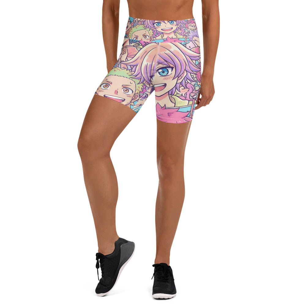 Women's anime collage pastel dream printed yoga shorts front view
