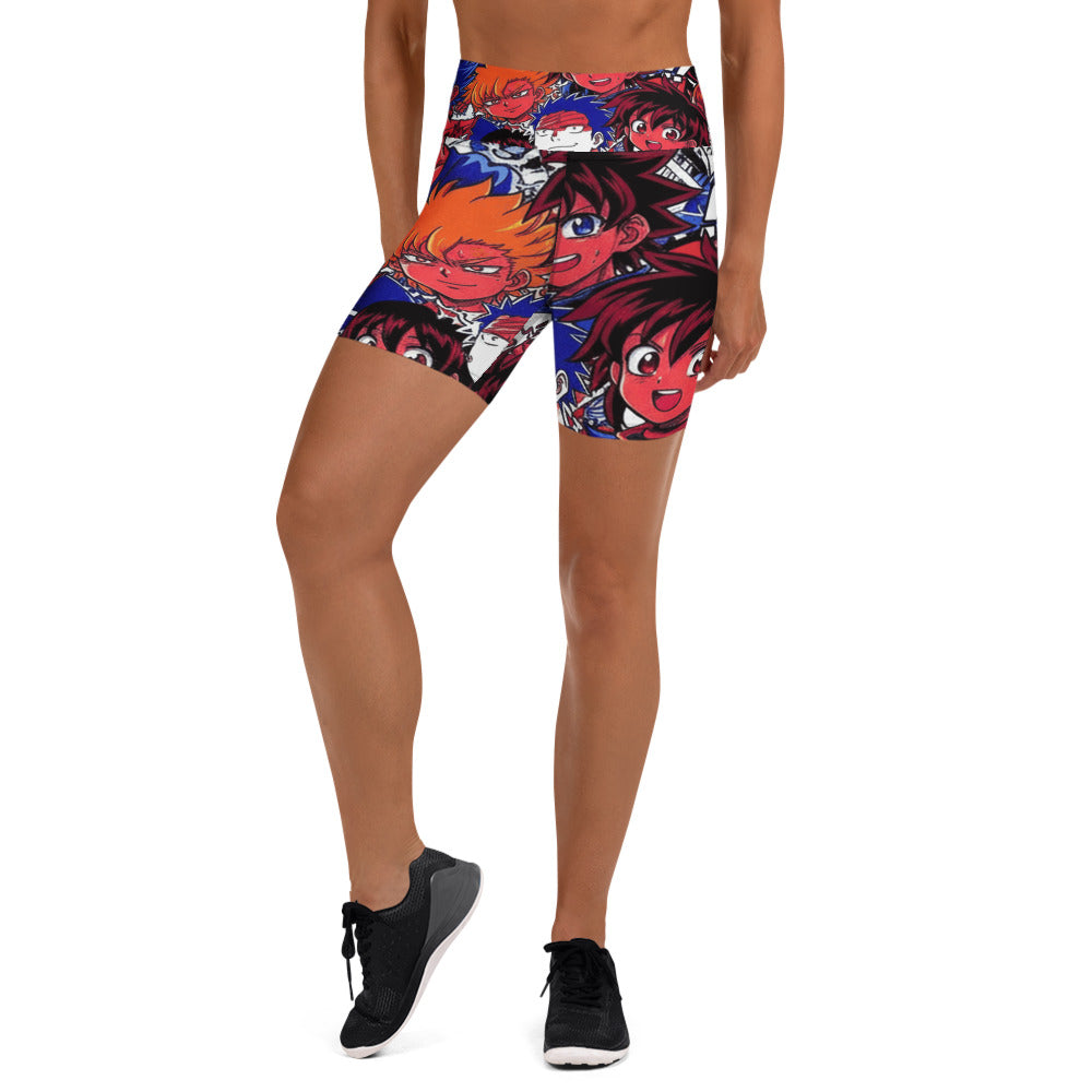 Women's anime collage dark shonen yoga shorts front view