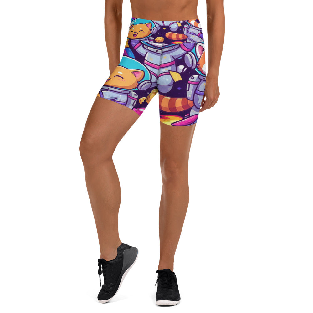 Women's vibrant space animals printed yoga shorts front view