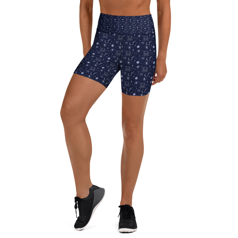 Women's white and gray cancer celestial yoga shorts front view