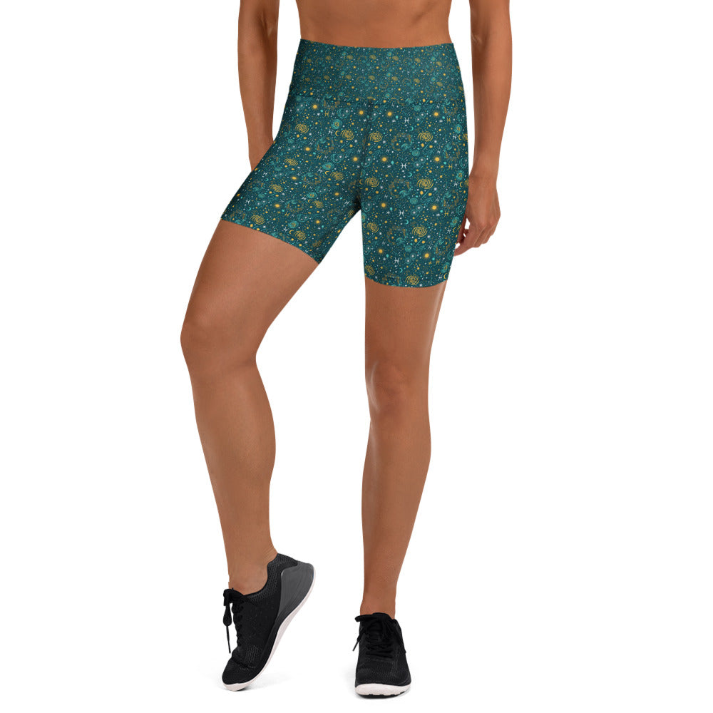 Women's Pisces Celestial yoga shorts front view