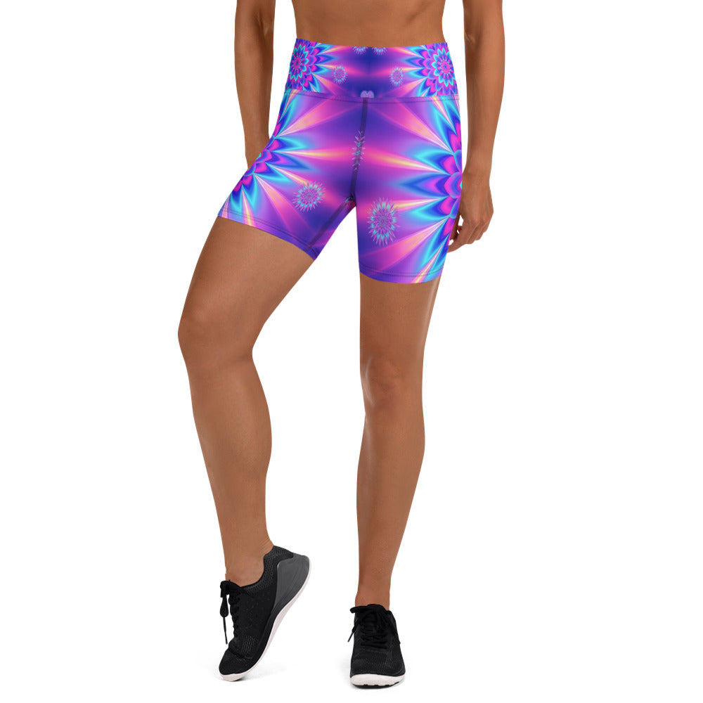 Women's psychedelic vaporwave dream yoga shorts front view