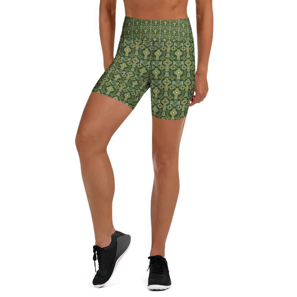 Women's celtic cross knotwork yoga shorts front view