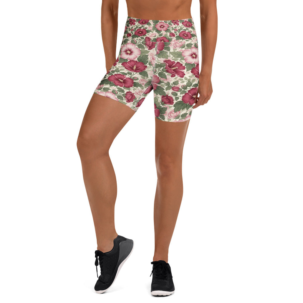 Women's white rose of sharon yoga shorts front view