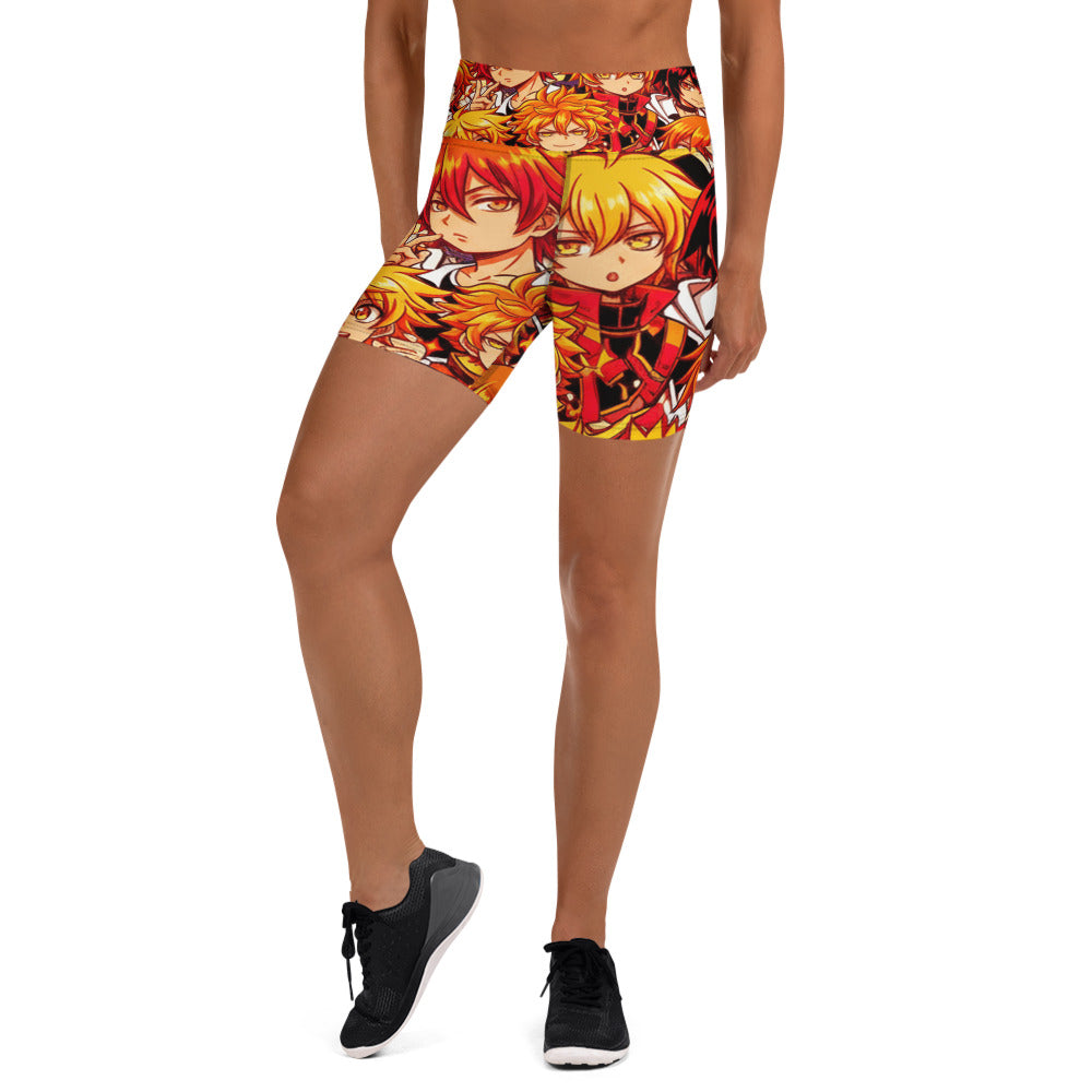 Women's anime collage fire spirit yoga shorts front view