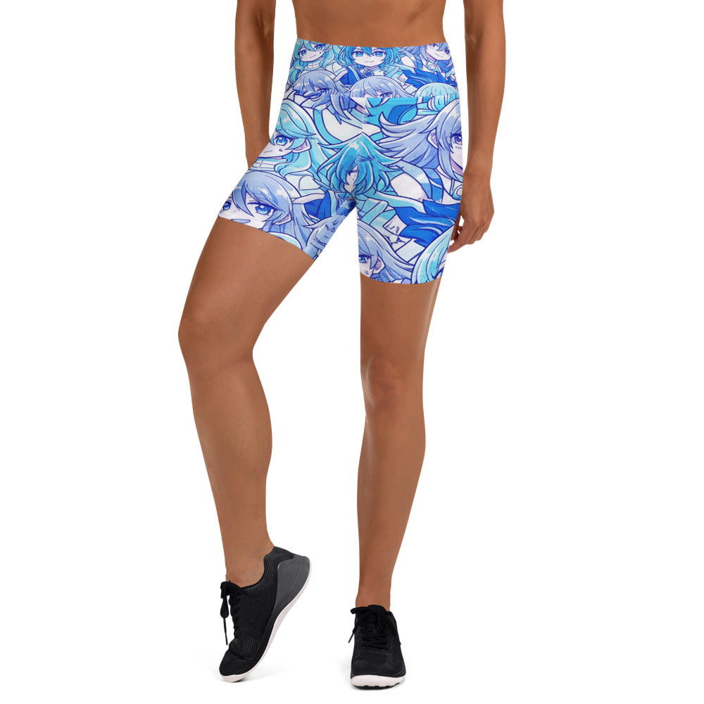 Women's anime collage printed yoga shorts front view