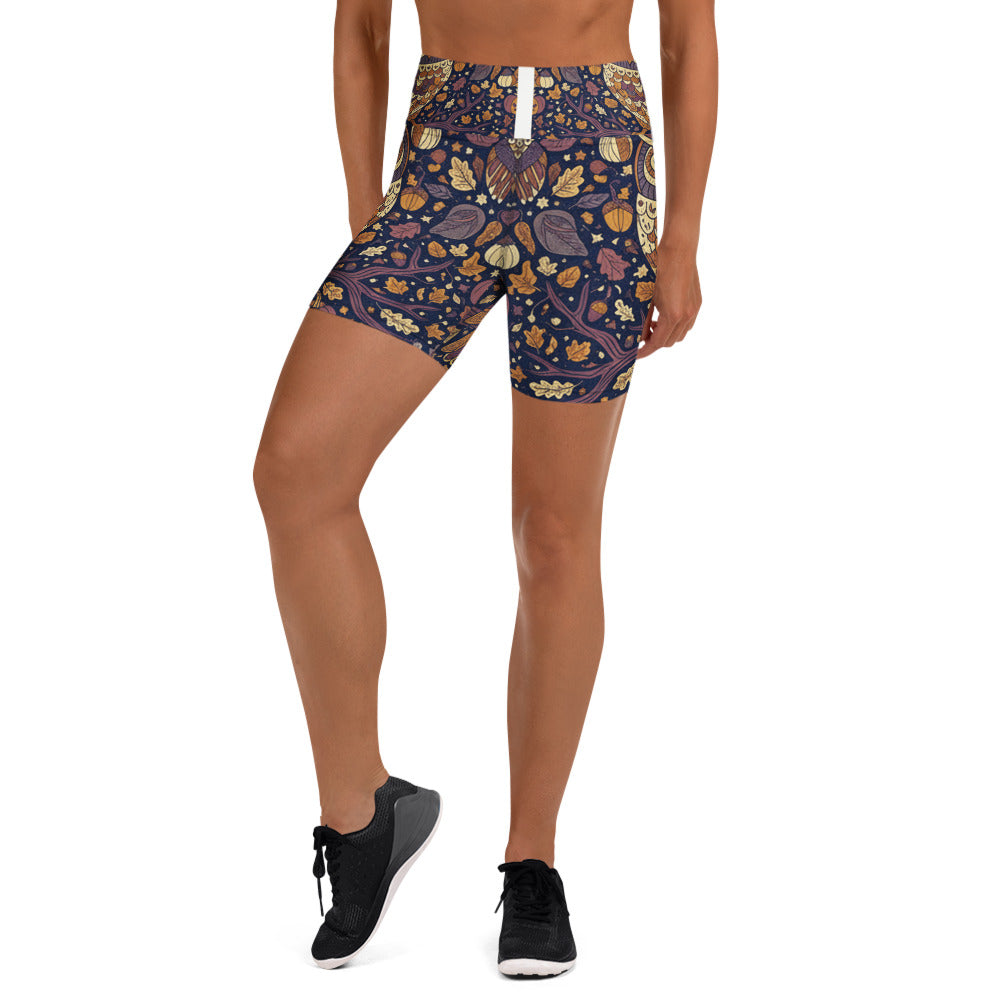 Women's owl pattern yoga shorts front view
