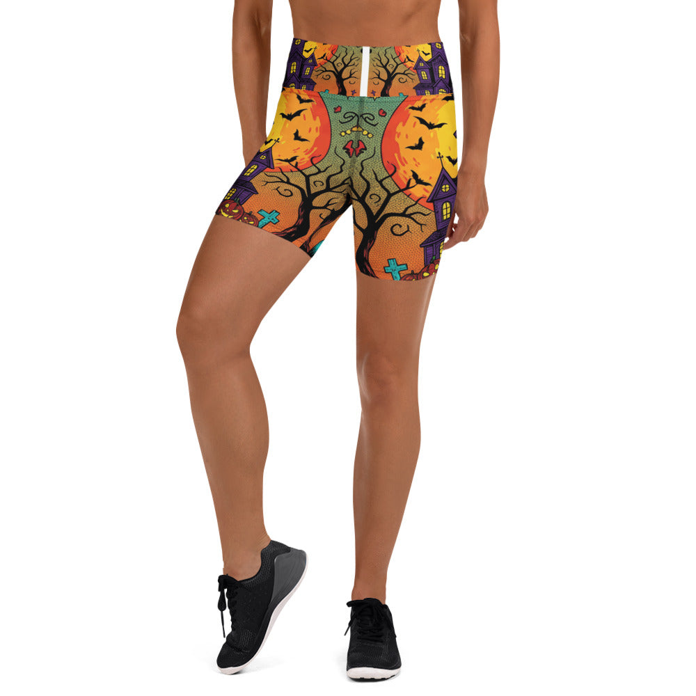 Haunted Manor Twilight Yoga Shorts featuring electric teal, orange, and purple design, GearBunch Yoga Shorts