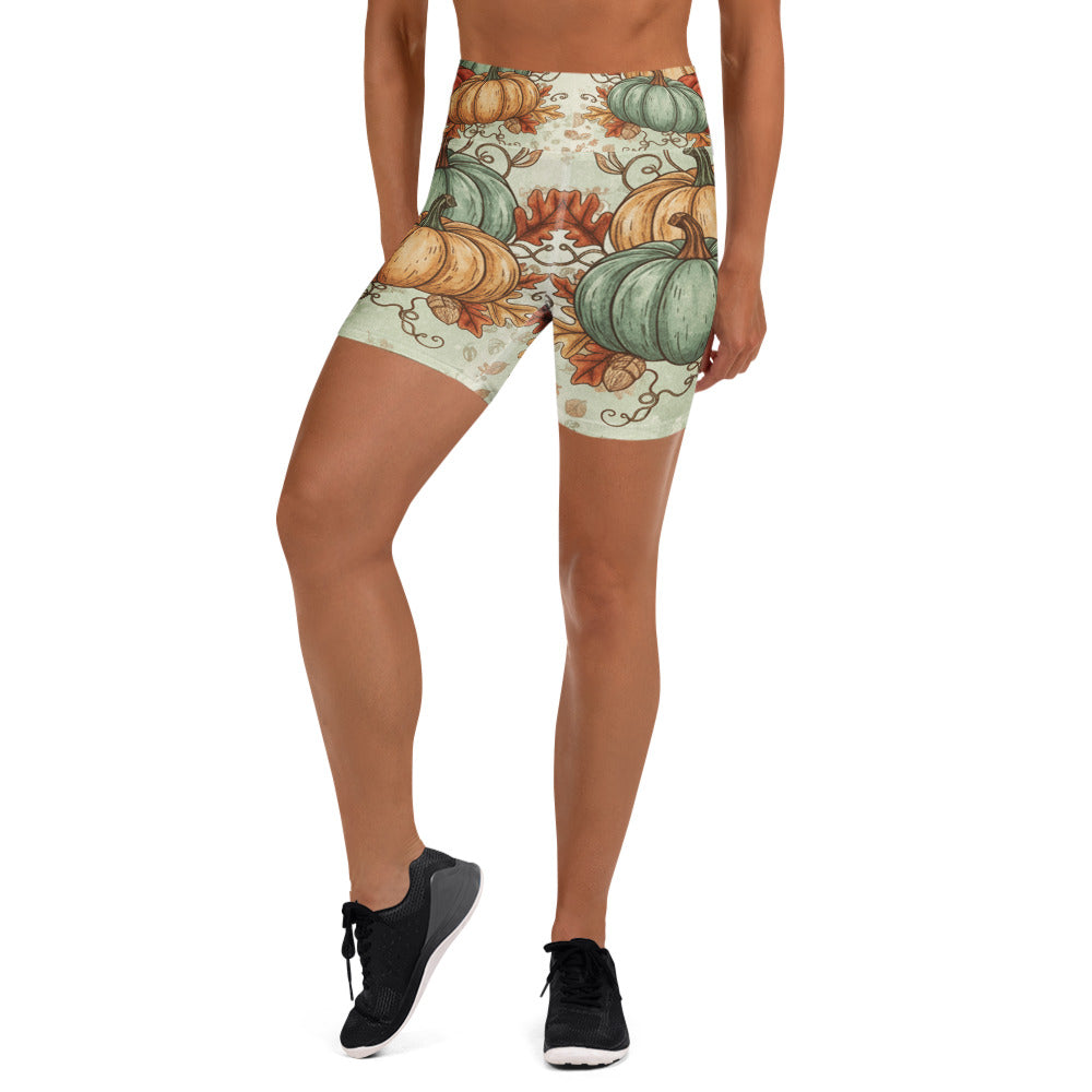 Heirloom Pumpkin Patch print GearBunch Yoga Shorts featuring autumn colours and a pumpkin design.