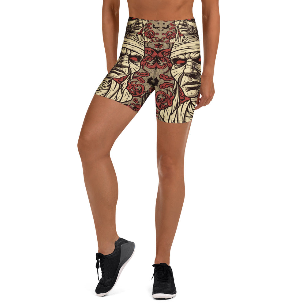 Retro sepia-toned print featuring classic monsters on GearBunch Universal Monsters Retro Yoga Shorts.