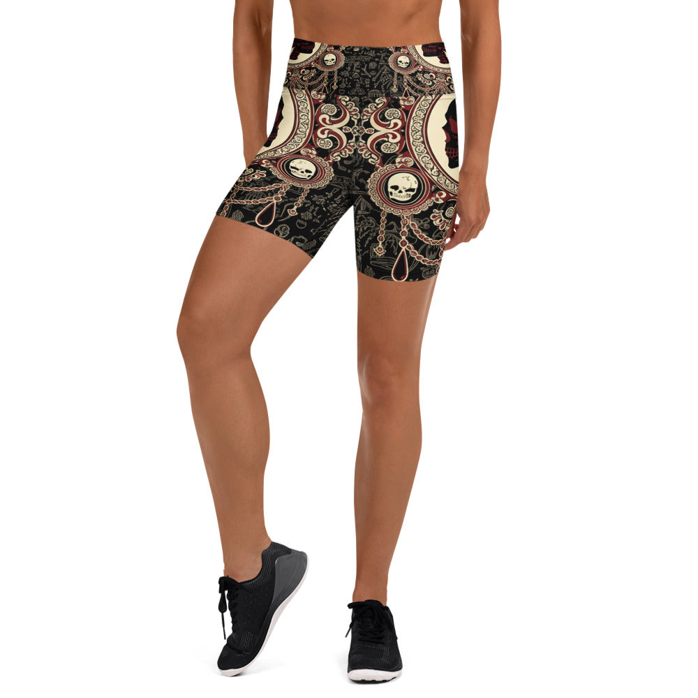 Detailed Victorian Mourning Lace design on premium GearBunch Yoga Shorts, featuring black, red, gold and ivory patterns.