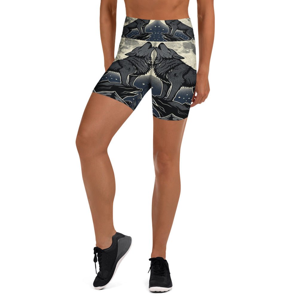 GearBunch Yoga Shorts featuring a wolf howling at a full moon design in silver and blue tones.