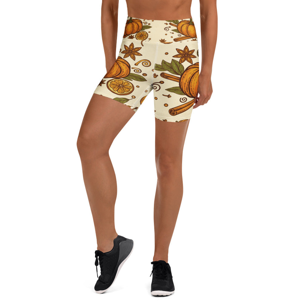 GearBunch Yoga Shorts featuring a pumpkin spice botanical print with burnt orange, sienna, and olive tones.