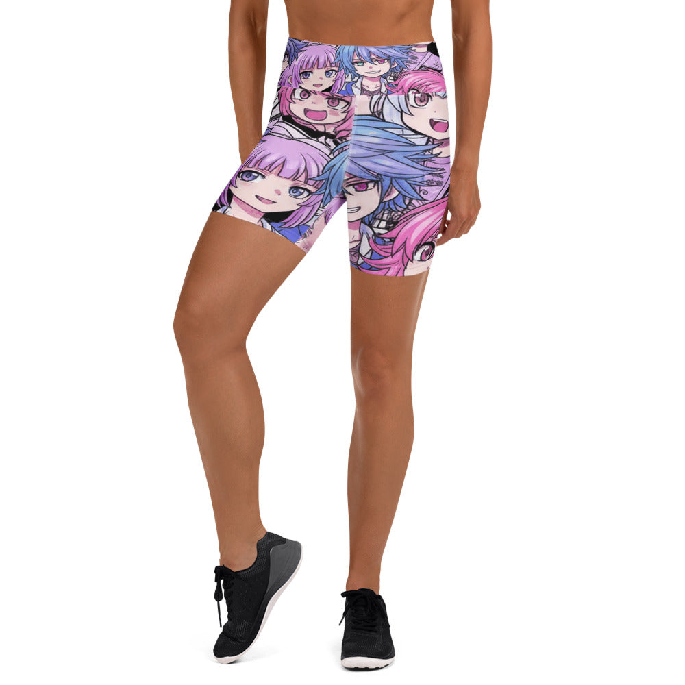 Anime Collage Kawaii Goth Yoga Shorts featuring a vibrant anime manga print, GearBunch Yoga Shorts