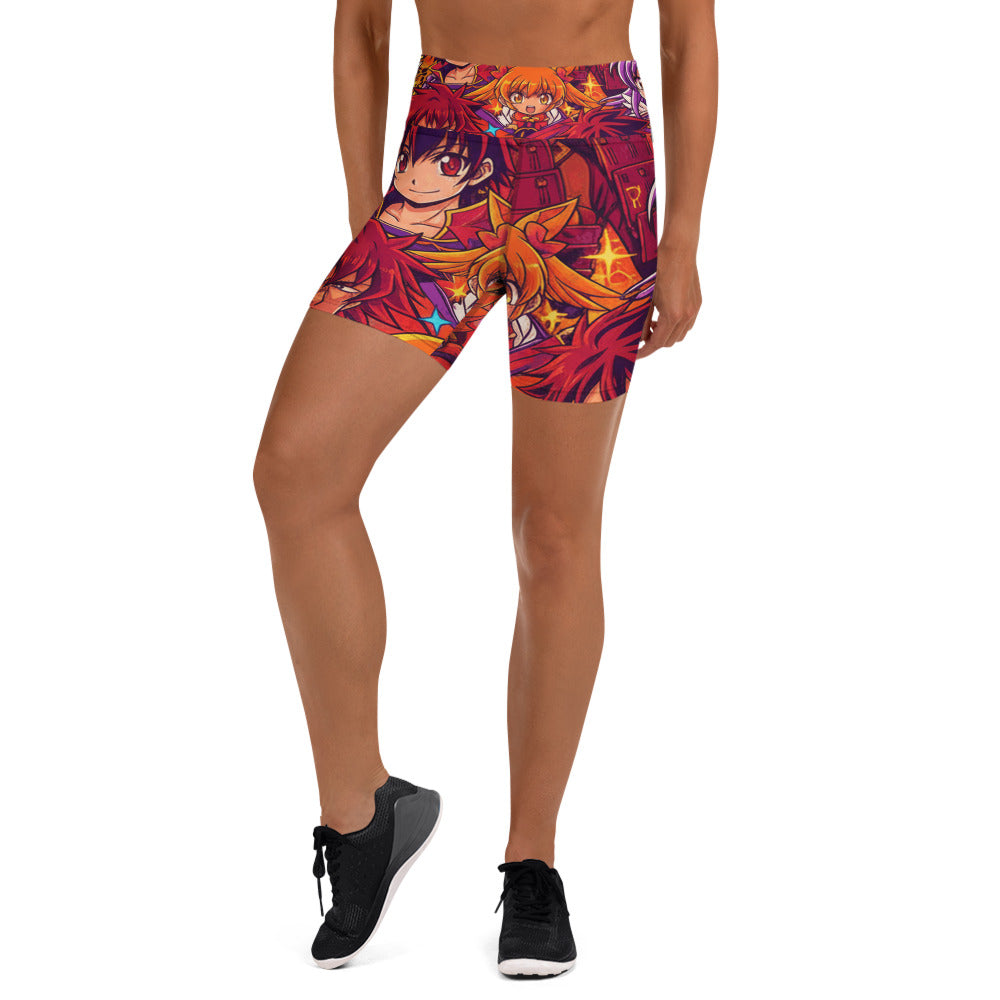 Vibrant Anime Collage Sunset Samurai Yoga Shorts by GearBunch featuring a dynamic manga-inspired design.