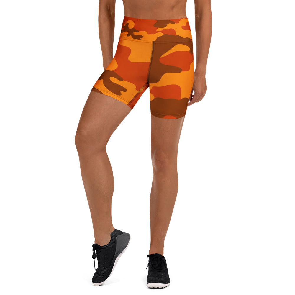 Burnt Orange Camo Yoga Shorts by GearBunch. Premium activewear with a bold, earthy camouflage print.