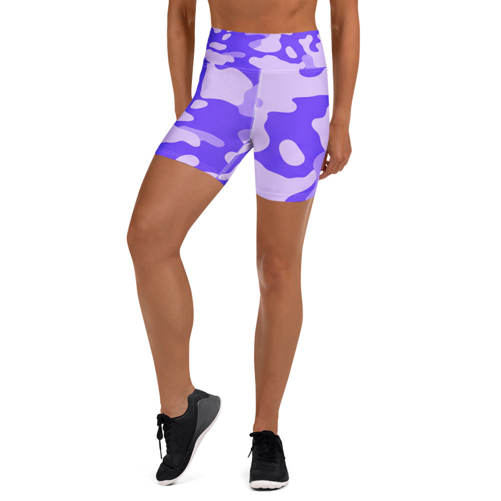 Lavender camo print GearBunch Yoga Shorts featuring blended shades of purple for high-performance training and everyday wear.