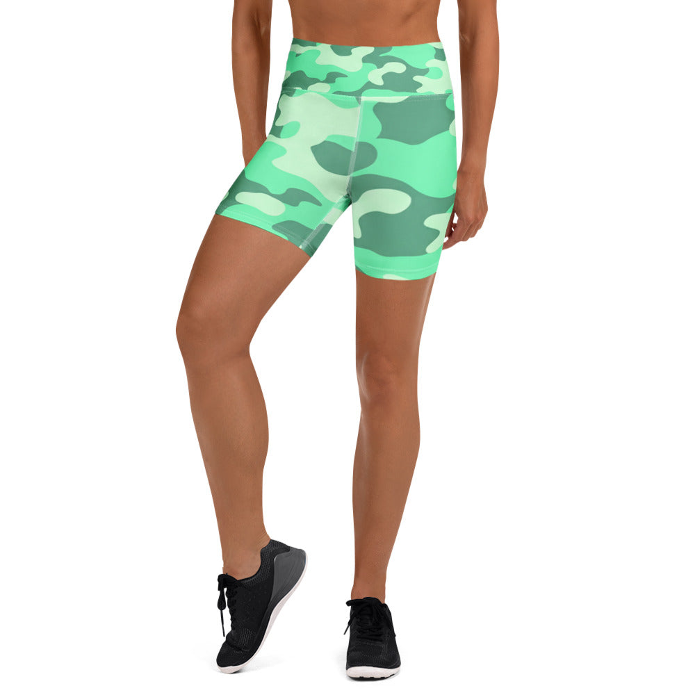 GearBunch Mint Camo Yoga Shorts featuring a green camouflage pattern in premium activewear fabric.