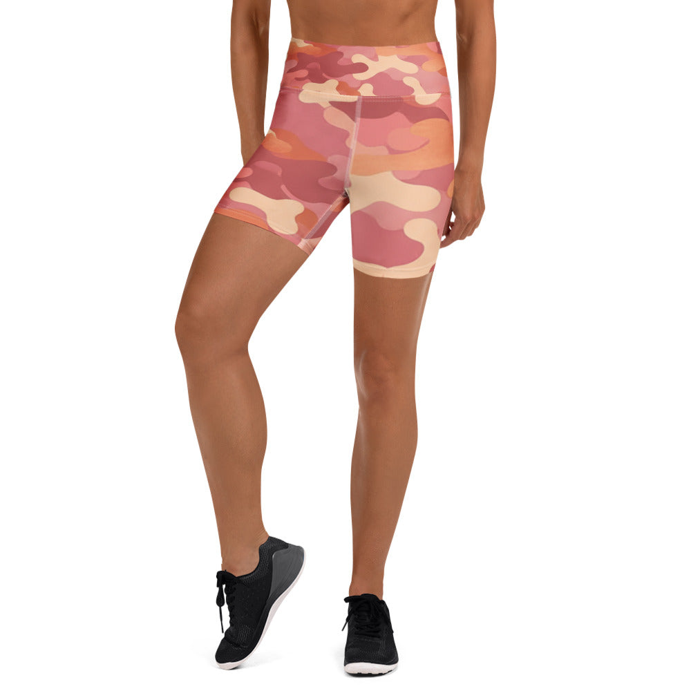 Rose gold camouflage print GearBunch Yoga Shorts for women, perfect for workouts and active lifestyles.