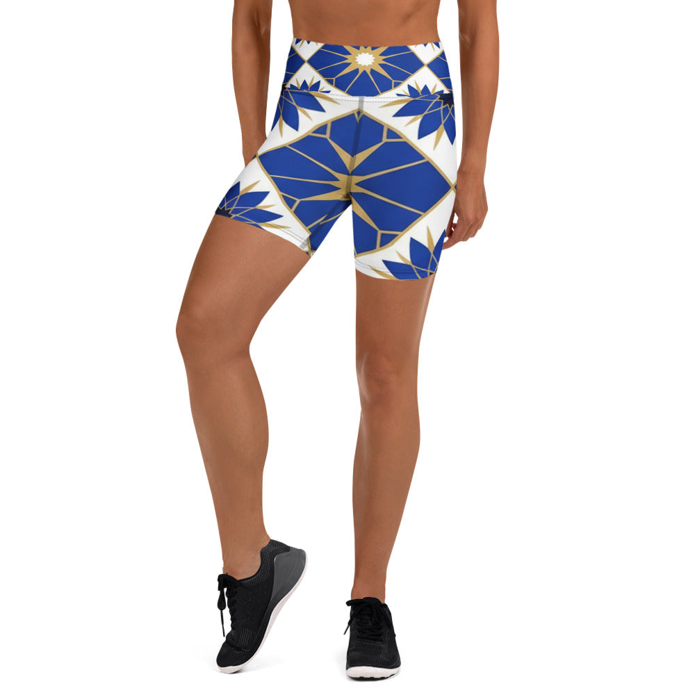 Zellige Midnight Blue Yoga Shorts featuring geometric tile pattern in navy, royal blue, white, gold, and black by GearBunch