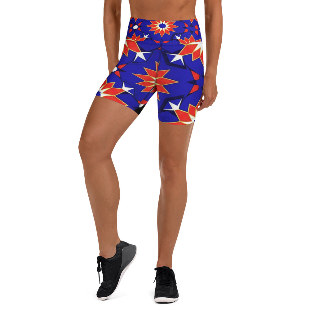 Zellige Sapphire Ruby Yoga Shorts featuring a geometric tile pattern in bold red, blue, gold, white, and black. GearBunch Yoga Shorts.