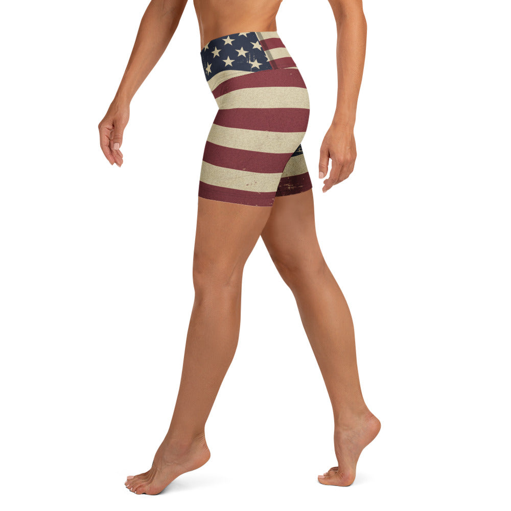 Vintage Distressed American Flag Yoga Shorts | GearBunch