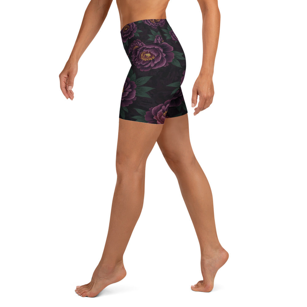 Dark Moody Peonies Yoga Shorts | GearBunch