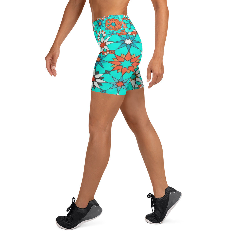 Zellige Turquoise Coral Yoga Shorts | GearBunch