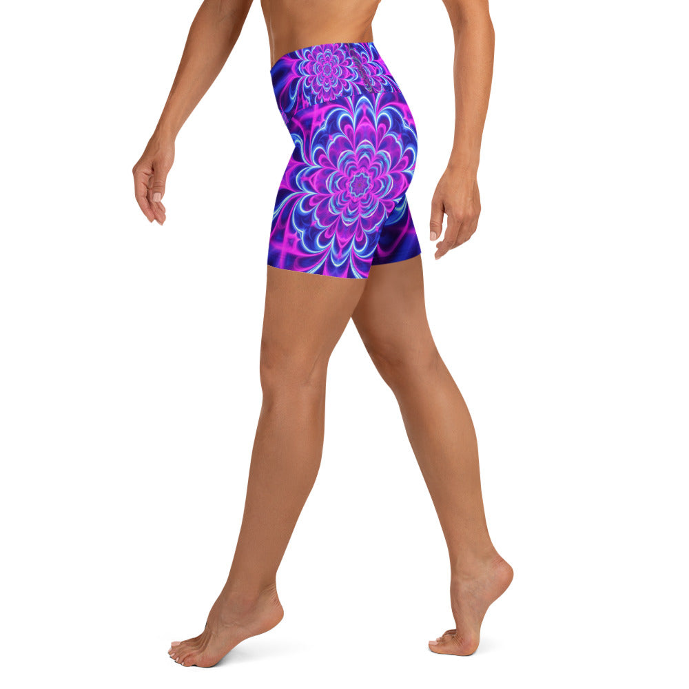 Psychedelic Ultraviolet Bloom Yoga Shorts | GearBunch