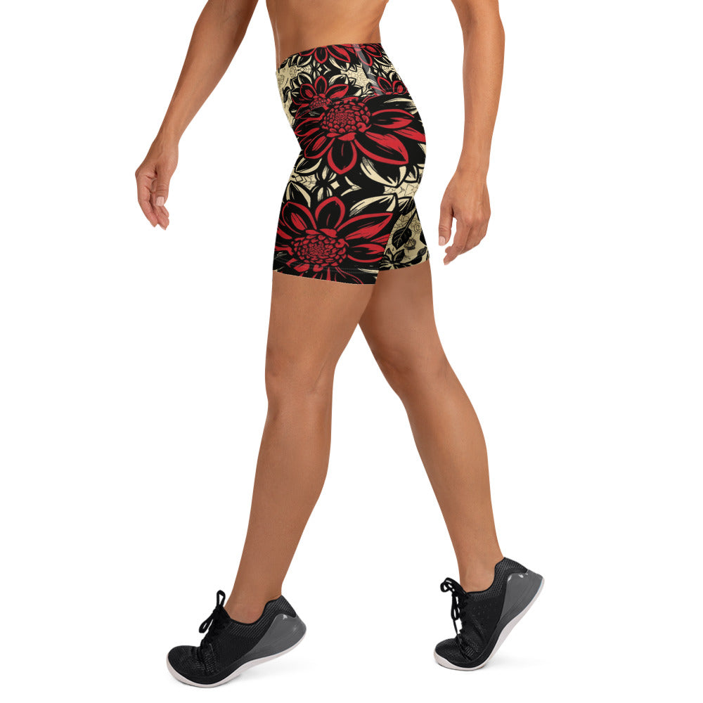 Black Dahlia Bloom Yoga Shorts | GearBunch