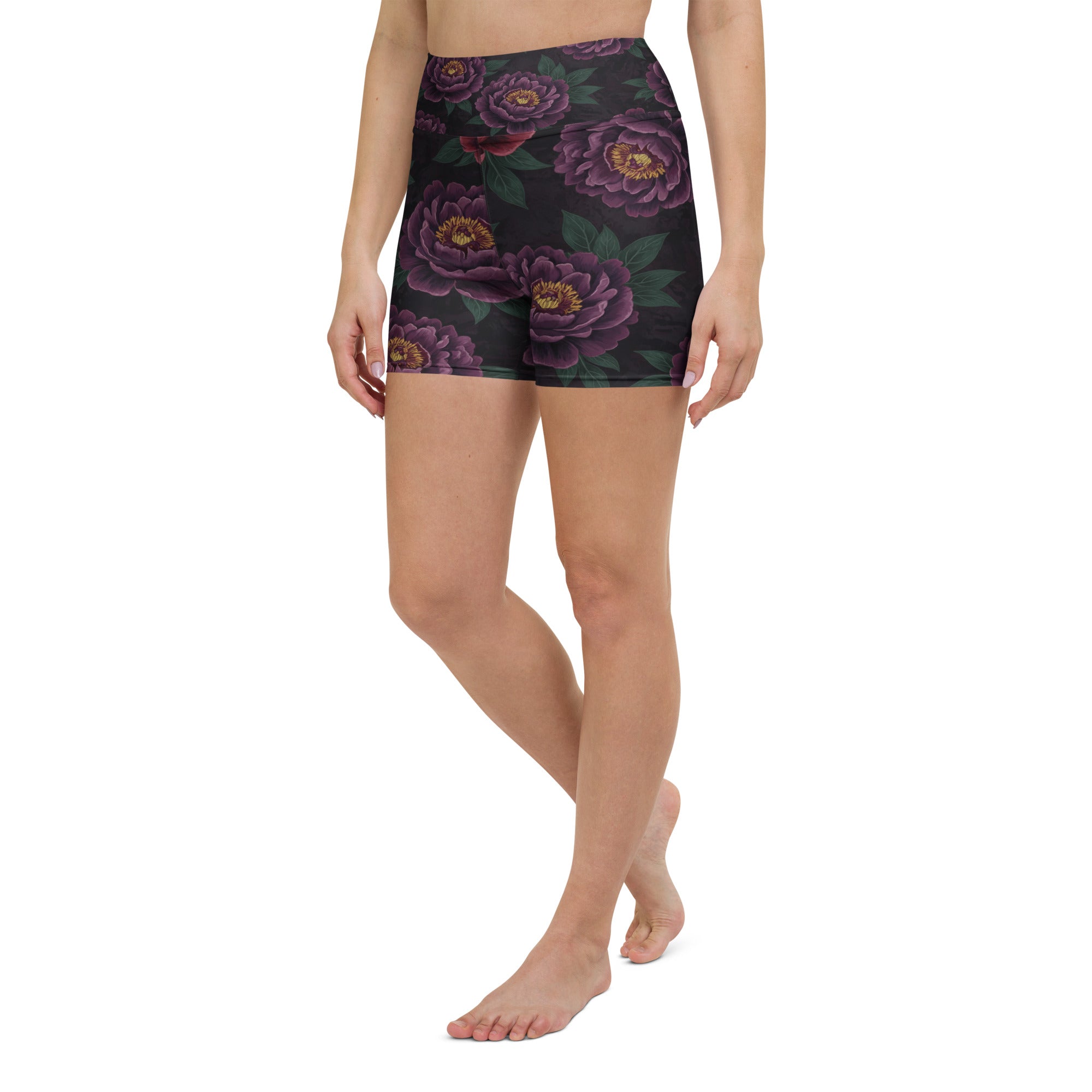 Dark Moody Peonies Yoga Shorts | GearBunch