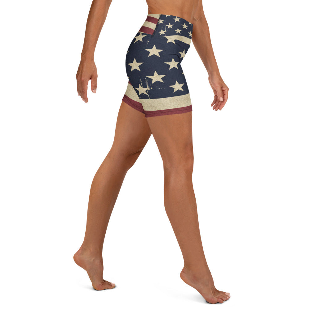 Vintage Distressed American Flag Yoga Shorts | GearBunch