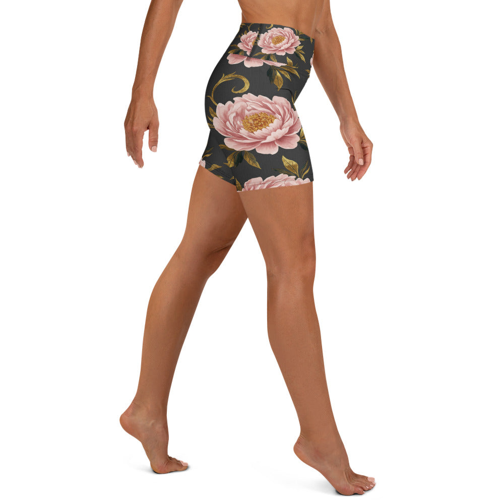 Blush Peonies and Gold Yoga Shorts | GearBunch